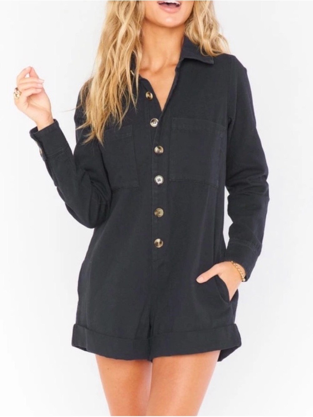 NWT Show Me Your Mumu Teagan Black Denim‎ Jumper Romper Long Sleeve XS